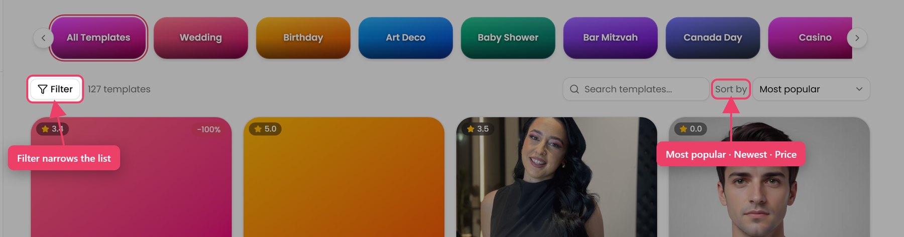 The Marketplace grid: category tiles, Filter, the result count, search and Sort by.