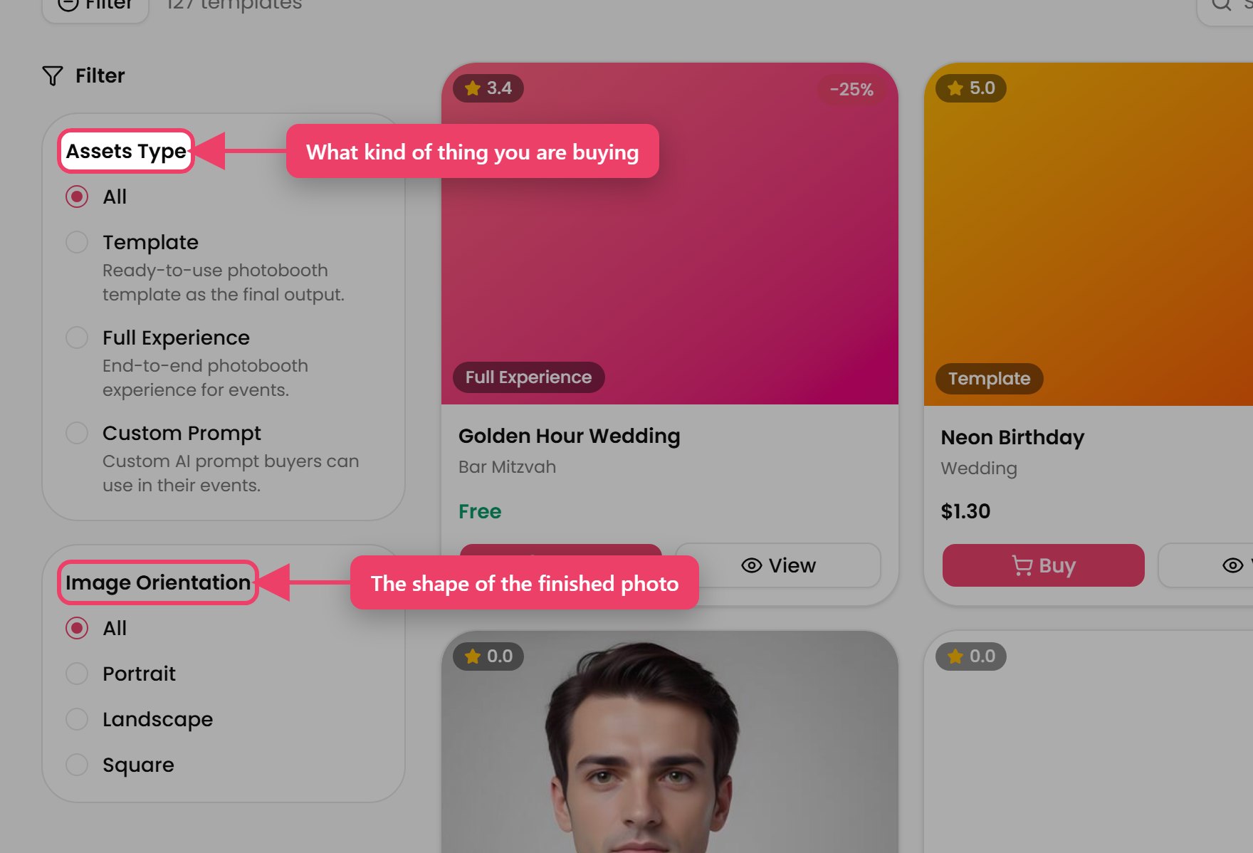 The Filter popover — Assets Type and Image Orientation.