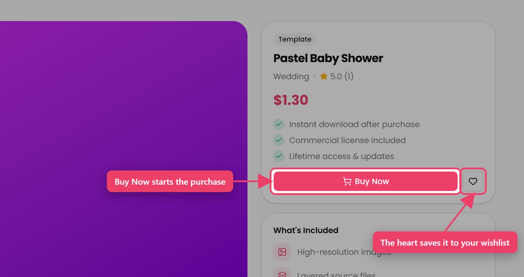Buy Now on the listing page, with the wishlist heart beside it.