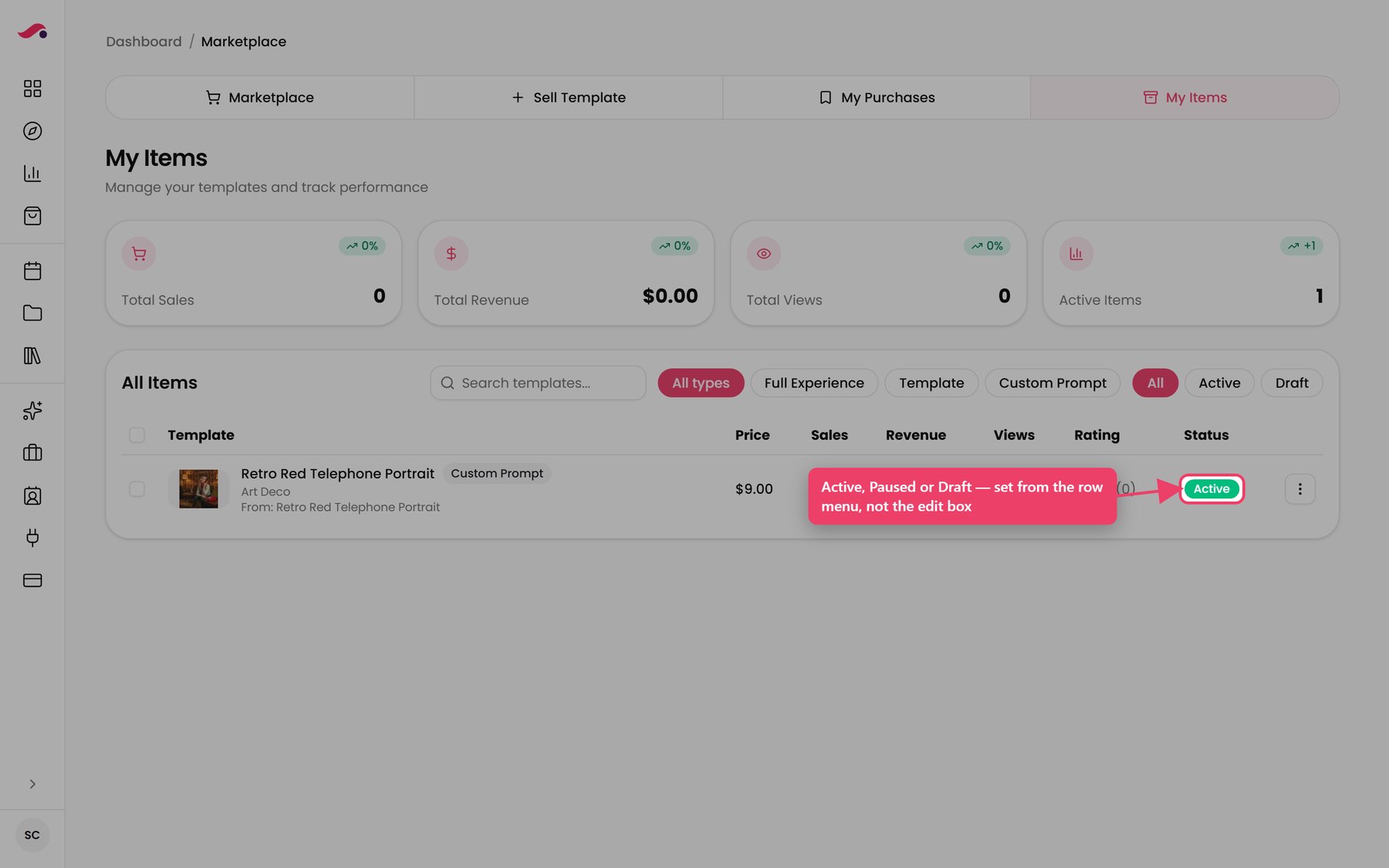 A live listing in My Items, showing its Active status.