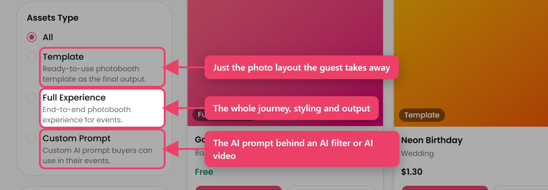 The Marketplace filter names all three kinds, with what each one gives you.