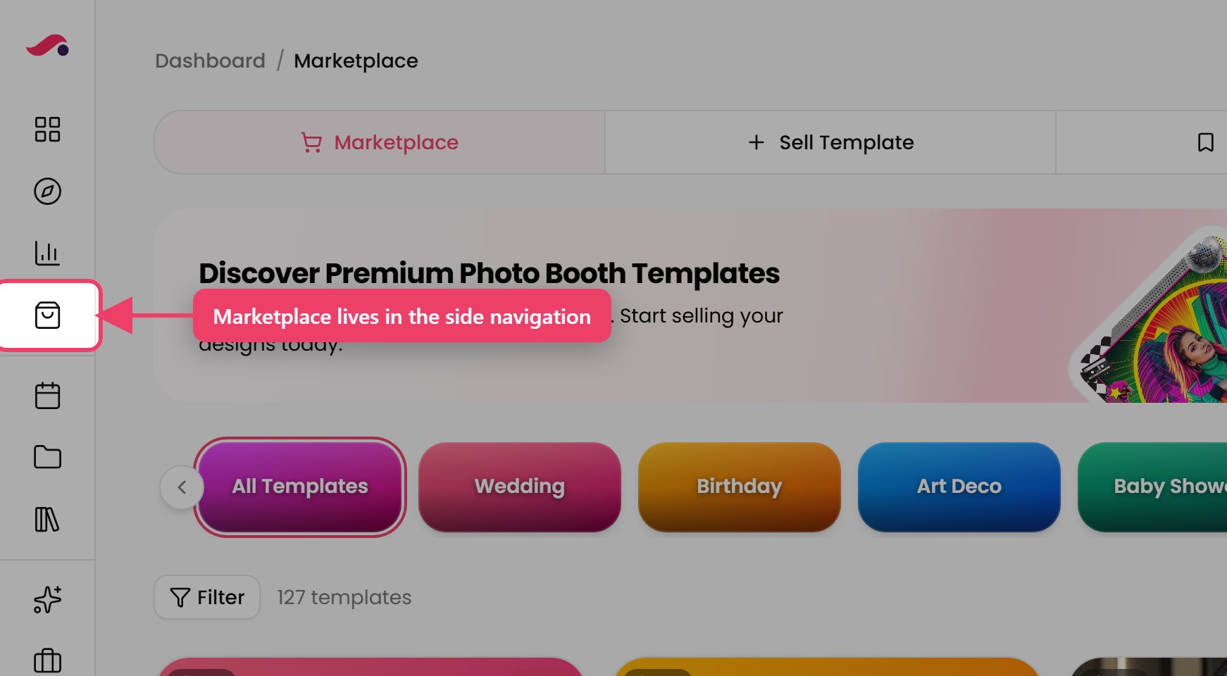 Where the Marketplace lives. Sell Template and My Items appear only once your account is allowed to sell.