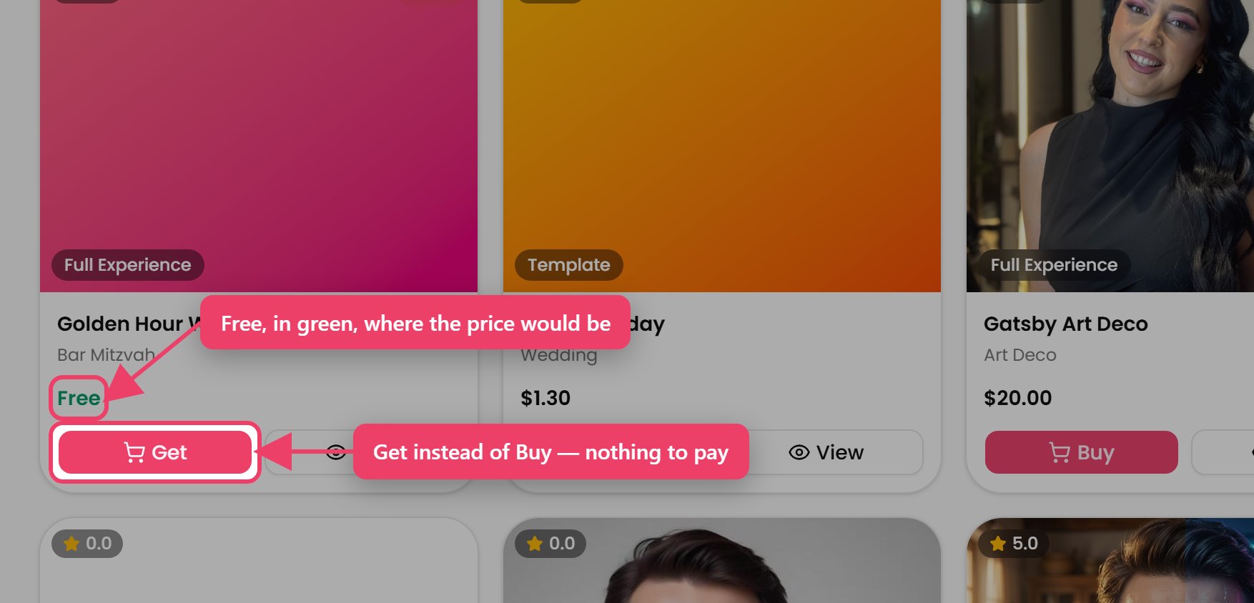 A free listing: the price reads Free, and the button reads Get rather than Buy.