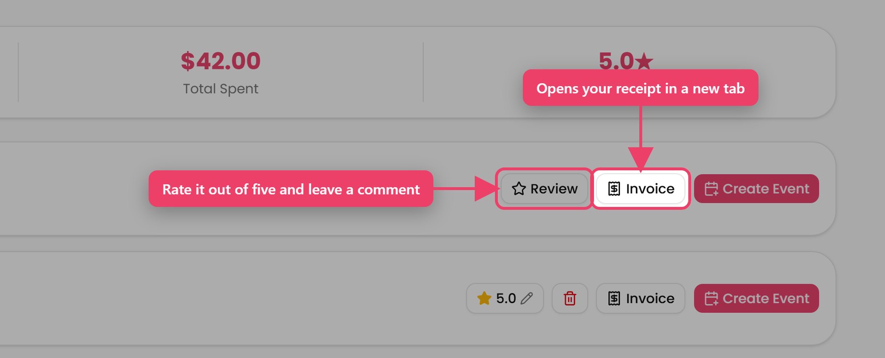 Invoice and Review sit on the row itself, in My Purchases.