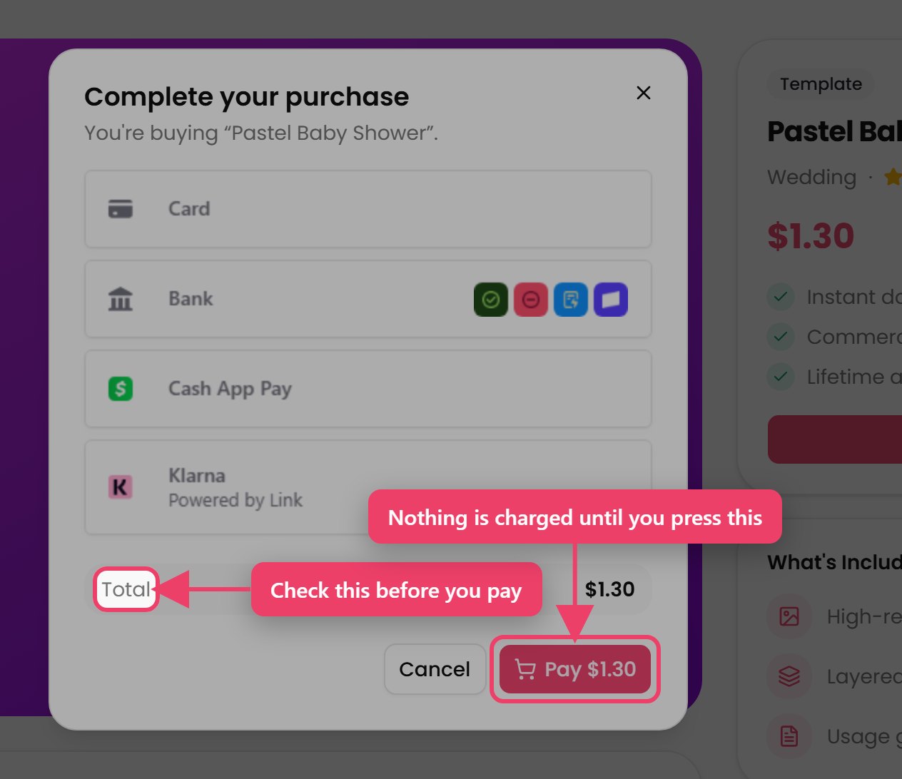 The checkout. Card, bank, Cash App Pay or Klarna, the Total, and Pay — nothing is charged until you press it.