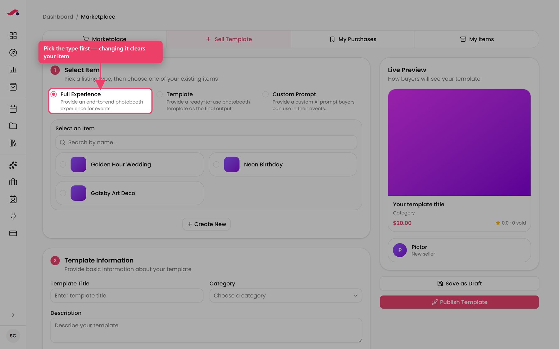 Step 1 — the listing type. The three cards are Full Experience, Template and Custom Prompt.