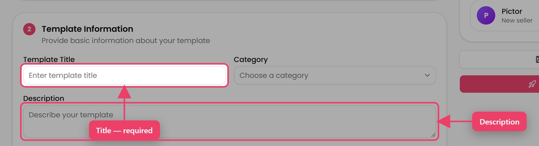 Step 2 — Template Information, filled in. Picking the item already supplied the title and the cover image.