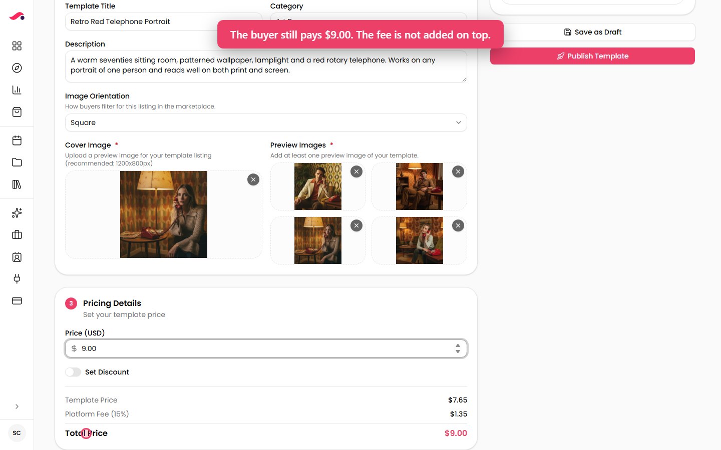 A $9.00 listing: you keep $7.65, Pictor takes $1.35, and the buyer still pays $9.00.